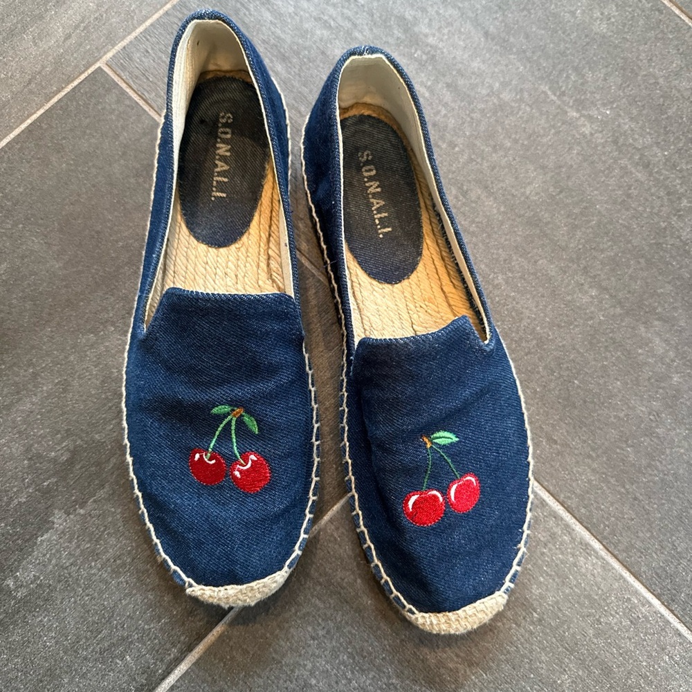 Navy Cherry Embroidered Espadrilles - Women's